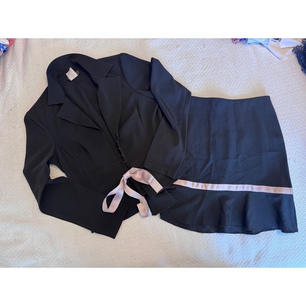 A-List by Wrapper Black Pink Ribbon Skirt Suit Set Y2K Blazer Ruffle Skirt 7/8